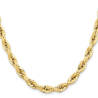 14K Yellow Gold 20 Inch 7mm Semi Solid Rope With Lobster Clasp Chain Necklace