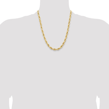 14K Yellow Gold 22 Inch 7mm Semi Solid Rope With Lobster Clasp Chain Necklace