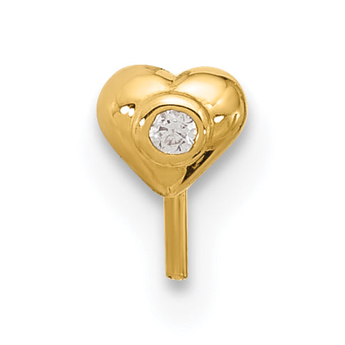 14K Yellow Gold 22 Gauge Cz Heart Nose Stud