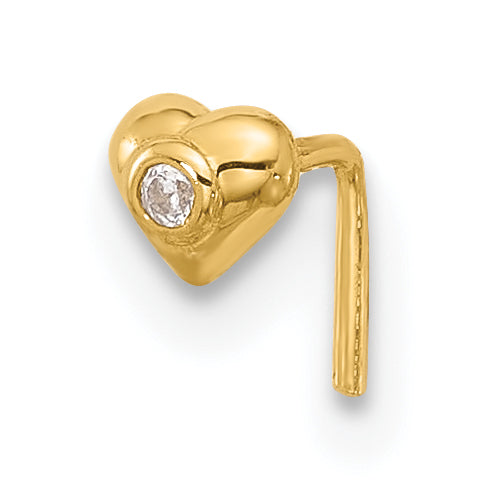 14K Yellow Gold 22 Gauge Cz Heart Nose Stud