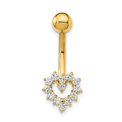 14K Yellow Gold 14 Gauge Cz Heart Belly Ring