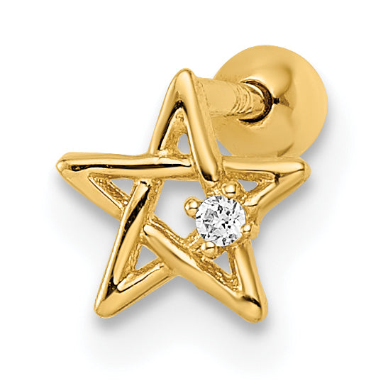 14K Yellow Gold 18 Gauge Cz Star Labret Stud