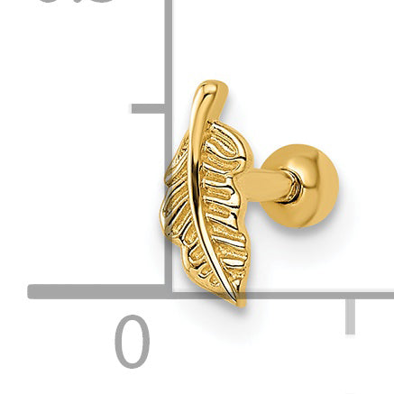 14K Yellow Gold 16 Gauge Leaf Labret Stud