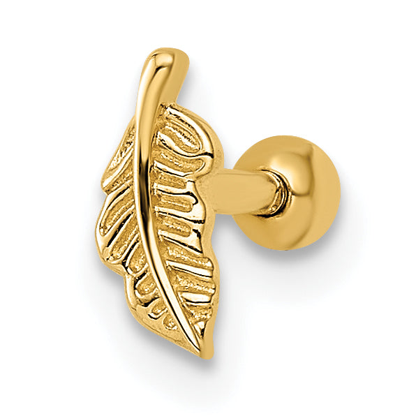 14K Yellow Gold 16 Gauge Leaf Labret Stud