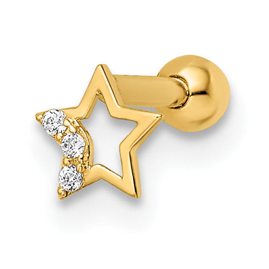 14K Yellow Gold 16 Gauge Cz Star Labret Stud