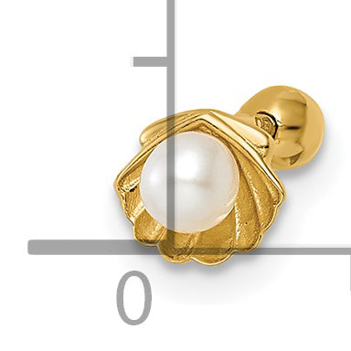 14K Yellow Gold 18 Gauge Scallop Shell W/ Freshwater Cultured Pearl Labret Stud