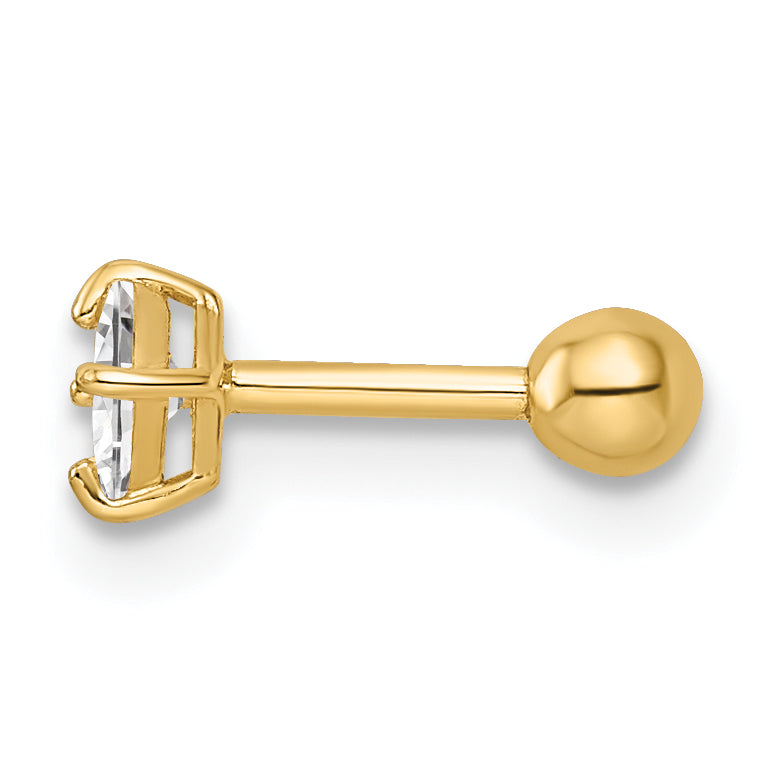14K Yellow Gold 18 Gauge Square Cz Labret Stud