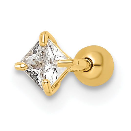 14K Yellow Gold 18 Gauge Square Cz Labret Stud