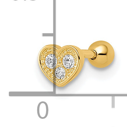 14K Yellow Gold 18 Gauge Cz Heart Labret Stud