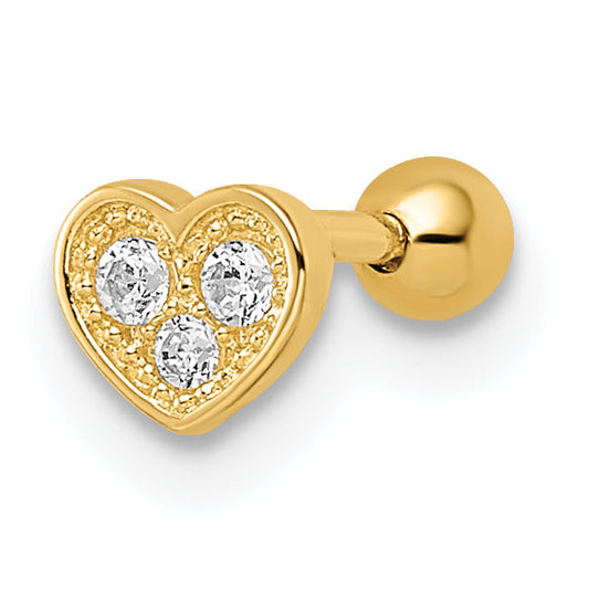 14K Yellow Gold 18 Gauge Cz Heart Labret Stud