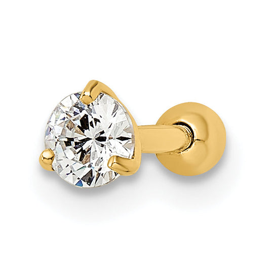 14K Yellow Gold 16 Gauge Round Cz Labret Stud