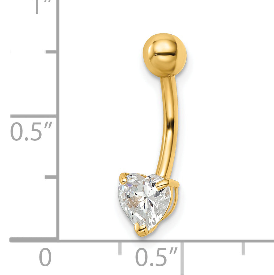 14K Yellow Gold 14 Gauge Heart Shaped Cz Belly Ring