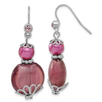 Fashion 1928 Silver-Tone Purple Glass Stone & Acrylic Bead Dangle Earrings