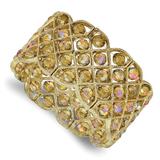 Fashion 1928 Jewelry Brass-Tone Wide Frame Olive Faceted Acrylic Beads Stretch Bracelet