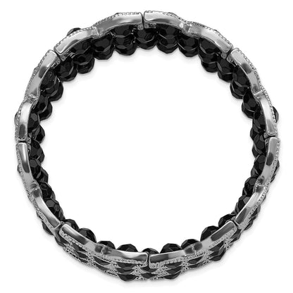 Fashion 1928 Jewelry Silver-Tone Wide Frame Jet Black Faceted Acrylic Beads Stretch Bracelet
