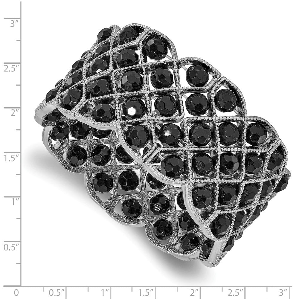Fashion 1928 Jewelry Silver-Tone Wide Frame Jet Black Faceted Acrylic Beads Stretch Bracelet