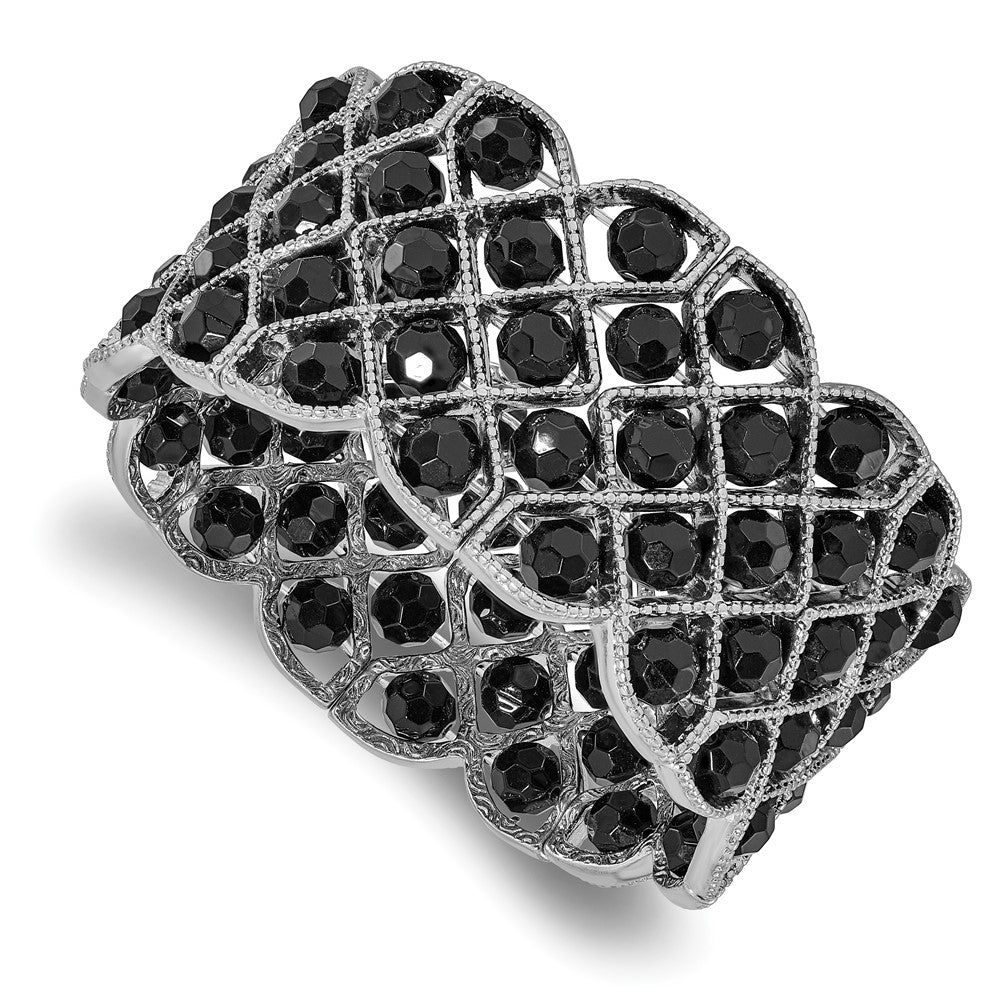 Fashion 1928 Jewelry Silver-Tone Wide Frame Jet Black Faceted Acrylic Beads Stretch Bracelet