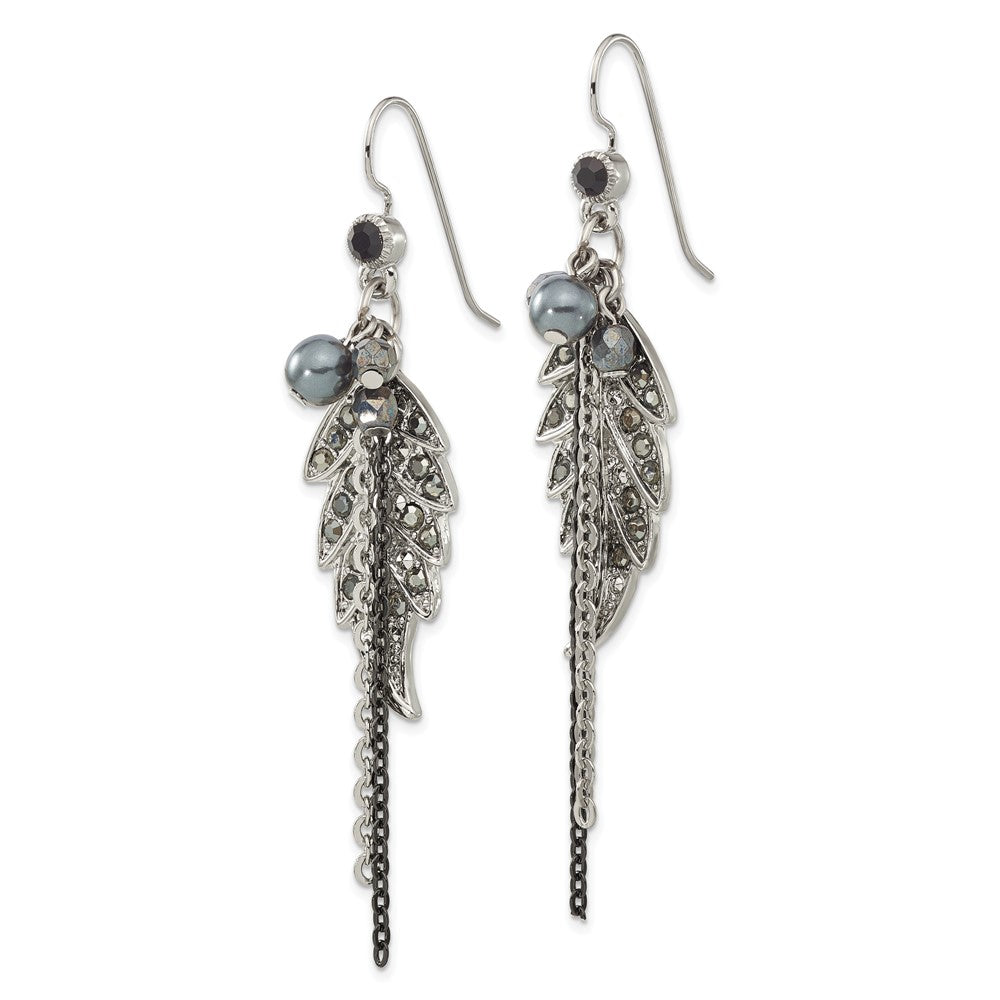 Fashion 1928 Jewelry Silver-Tone And Black-Plated Leaf Pattern Jet Black Hematite Crystal Glass Beads Dangle Earrings