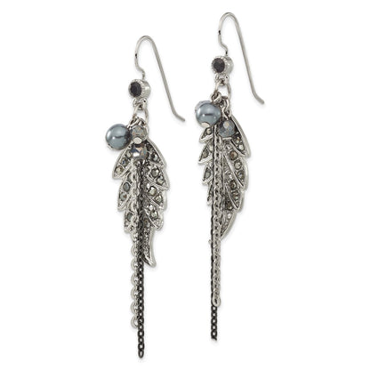 Fashion 1928 Jewelry Silver-Tone And Black-Plated Leaf Pattern Jet Black Hematite Crystal Glass Beads Dangle Earrings