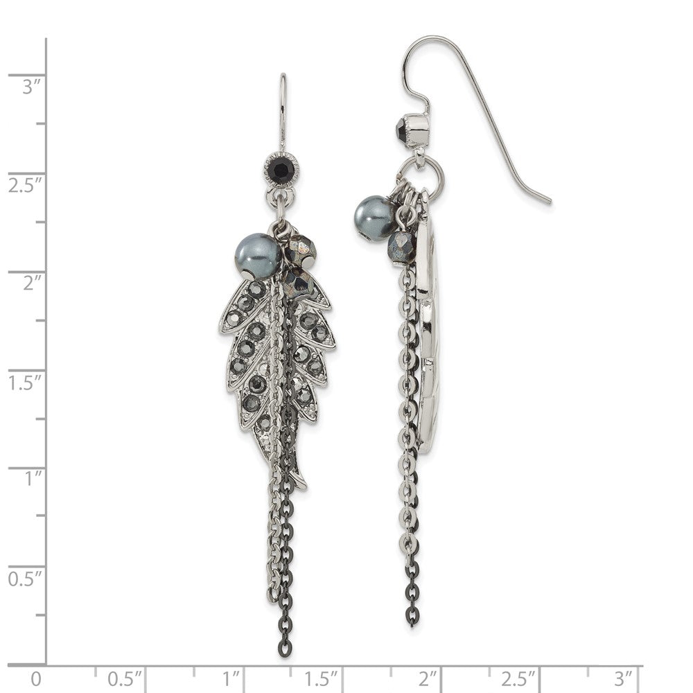 Fashion 1928 Jewelry Silver-Tone And Black-Plated Leaf Pattern Jet Black Hematite Crystal Glass Beads Dangle Earrings