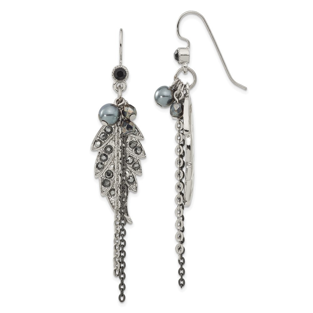 Fashion 1928 Jewelry Silver-Tone And Black-Plated Leaf Pattern Jet Black Hematite Crystal Glass Beads Dangle Earrings