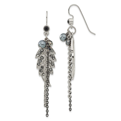 Fashion 1928 Jewelry Silver-Tone And Black-Plated Leaf Pattern Jet Black Hematite Crystal Glass Beads Dangle Earrings