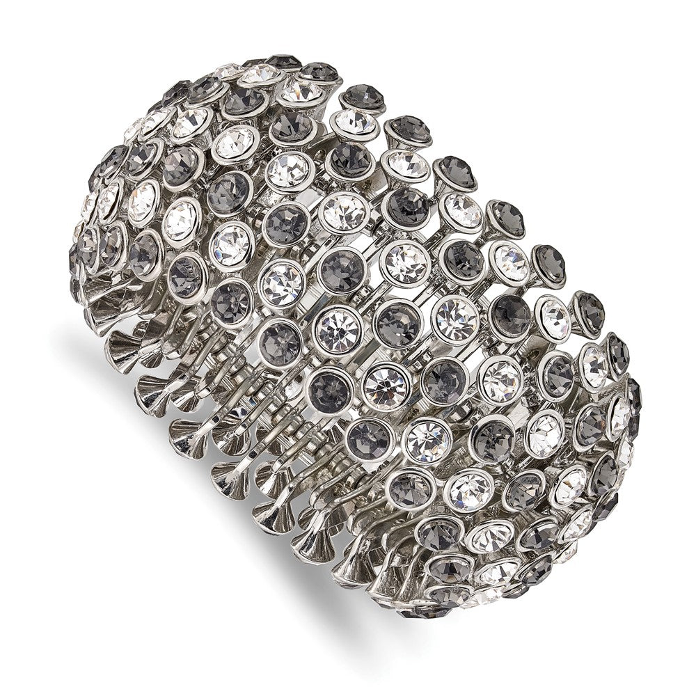 Fashion 1928 Jewelry Silver-Tone Wide Jet Black And Clear Crystals Acrylic Stones Stretch Bracelet
