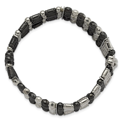 Fashion 1928 Jewelry Silver-Tone & Black-Plated Acrylic Beads Two-Tone Foral Stretch Bracelet