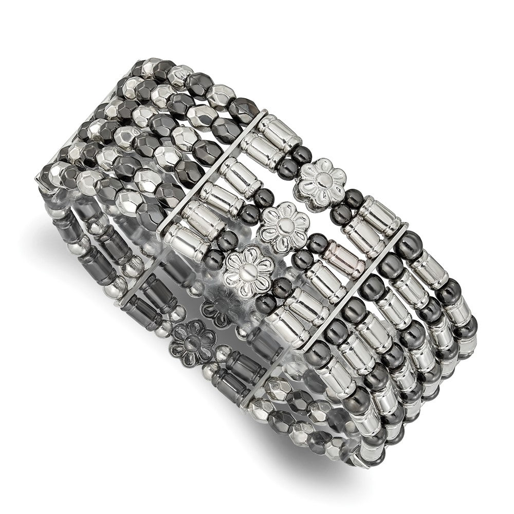 Fashion 1928 Jewelry Silver-Tone & Black-Plated Acrylic Beads Two-Tone Foral Stretch Bracelet