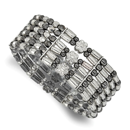 Fashion 1928 Jewelry Silver-Tone & Black-Plated Acrylic Beads Two-Tone Foral Stretch Bracelet