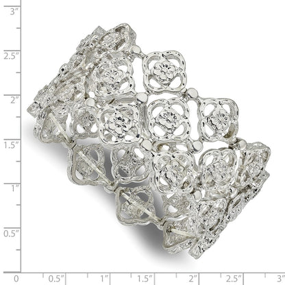 7 Inch 1928 Jewelry Silver-Tone Wide Filigree Link Floral Pattern Stretch Bracelet