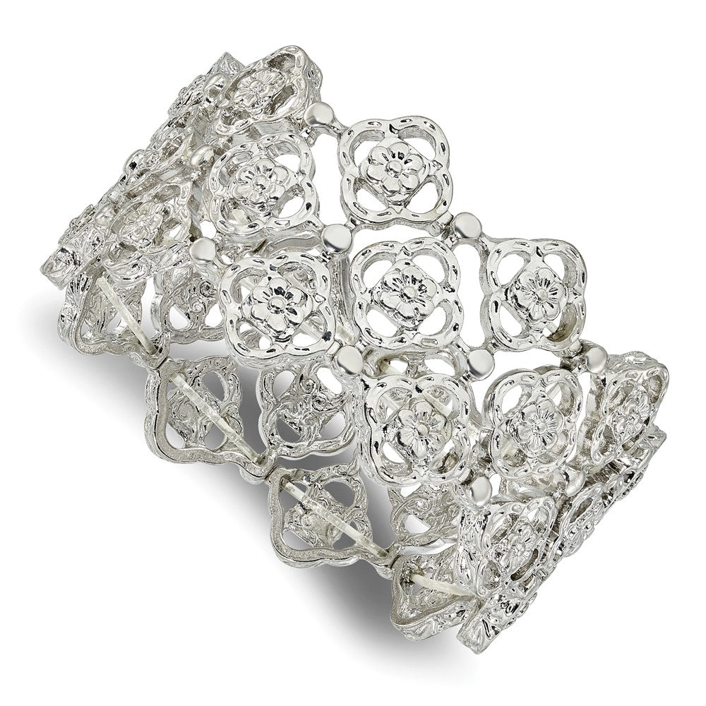 7 Inch 1928 Jewelry Silver-Tone Wide Filigree Link Floral Pattern Stretch Bracelet