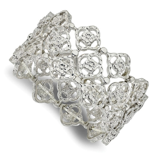 7 Inch 1928 Jewelry Silver-Tone Wide Filigree Link Floral Pattern Stretch Bracelet