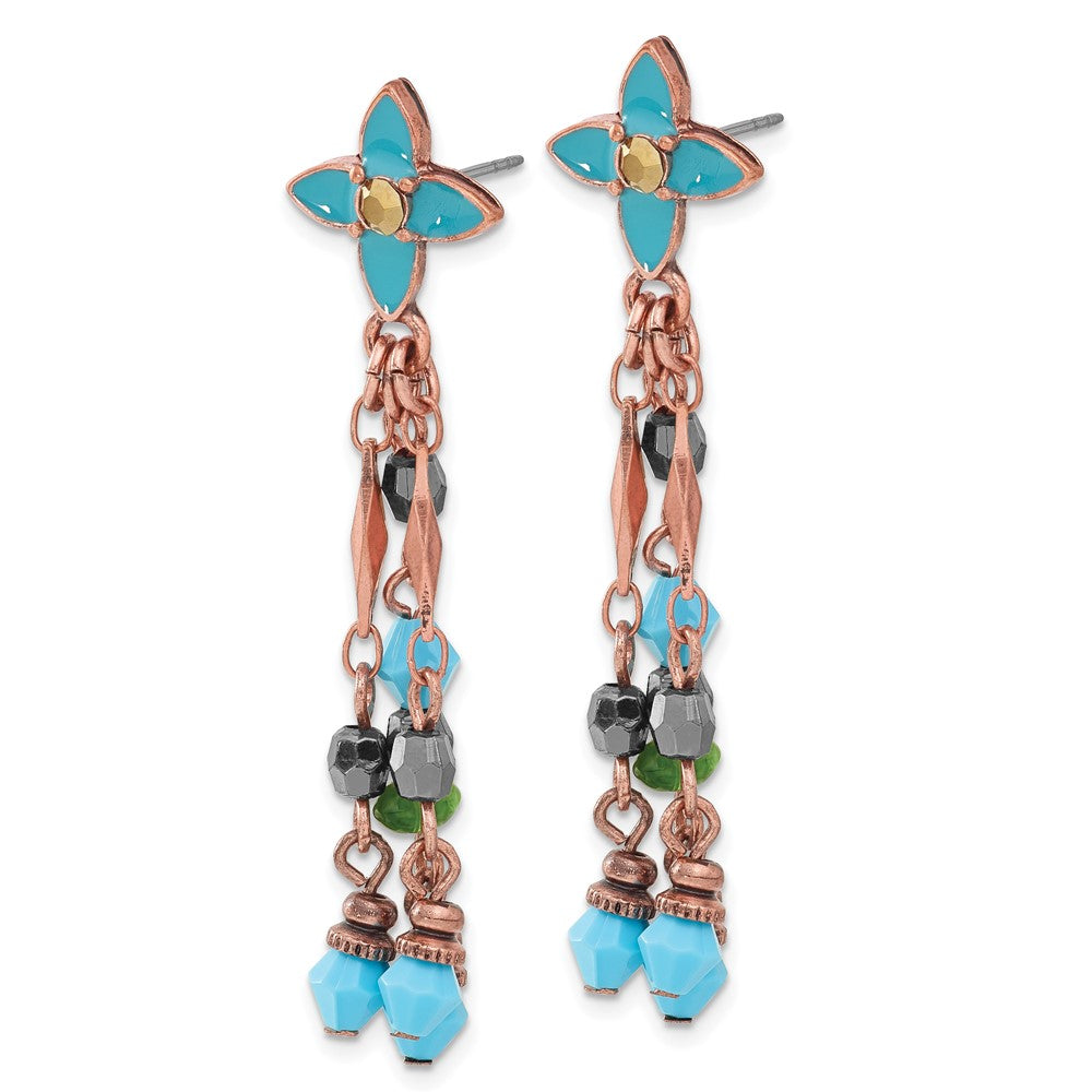Fashion 1928 Jewelry Copper-Tone Link Teal Enamel Flower And Green Brown Acrylic Beads Dangle Post Earrings