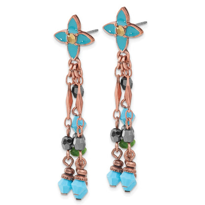 Fashion 1928 Jewelry Copper-Tone Link Teal Enamel Flower And Green Brown Acrylic Beads Dangle Post Earrings