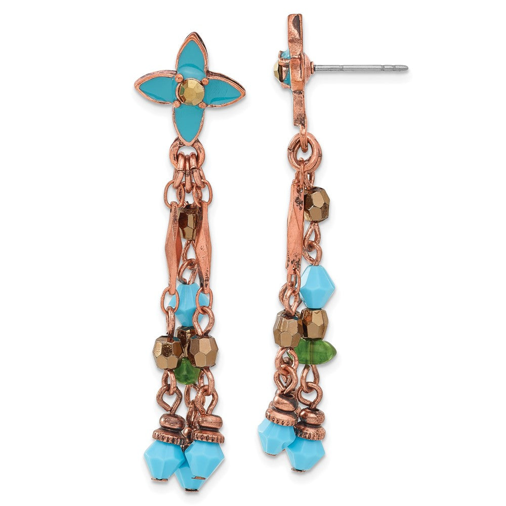 Fashion 1928 Jewelry Copper-Tone Link Teal Enamel Flower And Green Brown Acrylic Beads Dangle Post Earrings