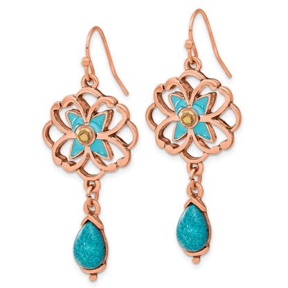Fashion 1928 Copper-Tone Teal & Brown Glass Stone Enamel Floral Dangle Earrings