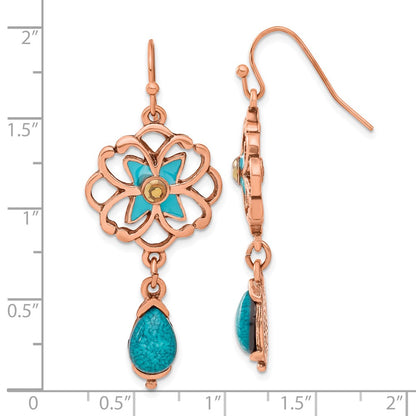 Fashion 1928 Copper-Tone Teal & Brown Glass Stone Enamel Floral Dangle Earrings