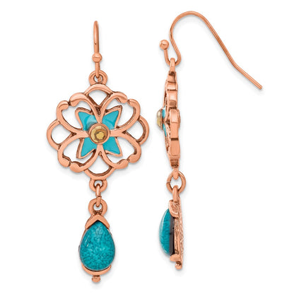 Fashion 1928 Copper-Tone Teal & Brown Glass Stone Enamel Floral Dangle Earrings