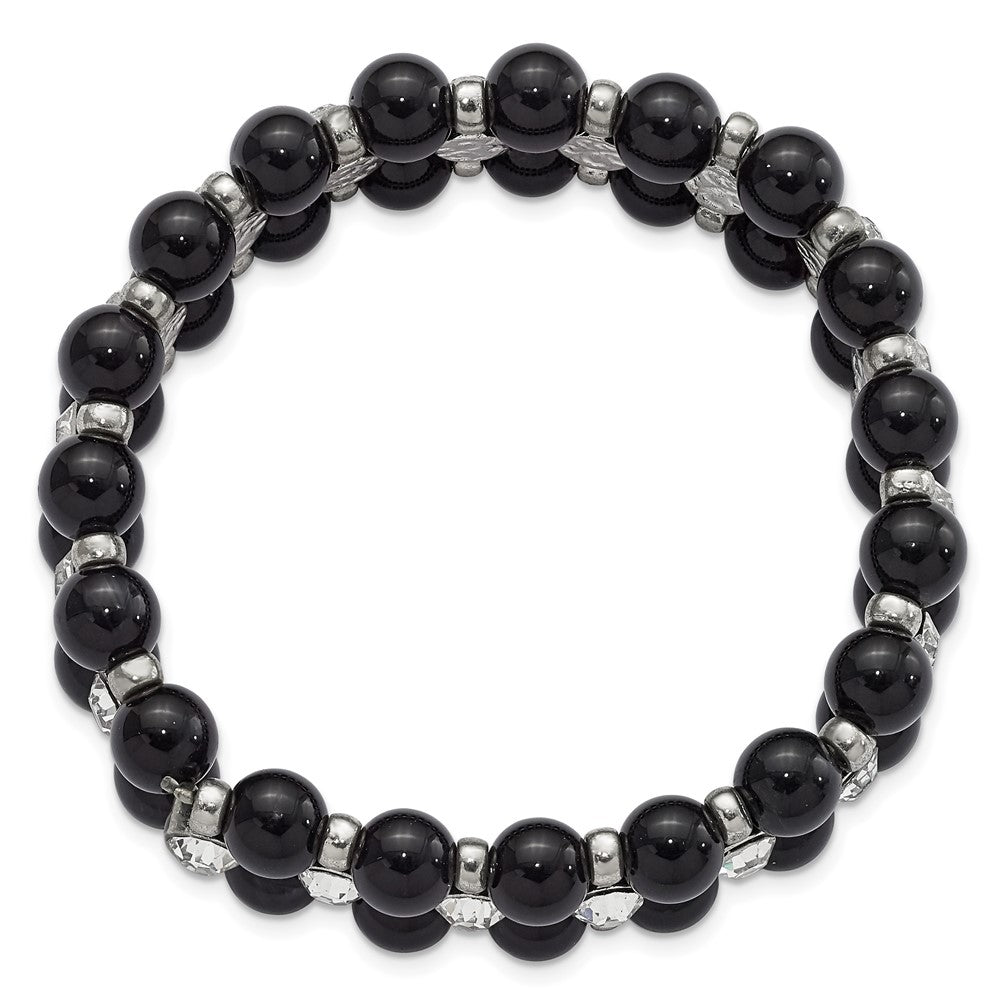 Fashion 1928 Jewelry Silver-Tone And Black Beads With Clear Glass Stones Stretch Bracelet
