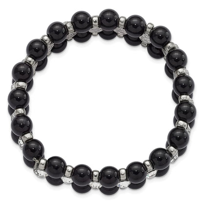 Fashion 1928 Jewelry Silver-Tone And Black Beads With Clear Glass Stones Stretch Bracelet