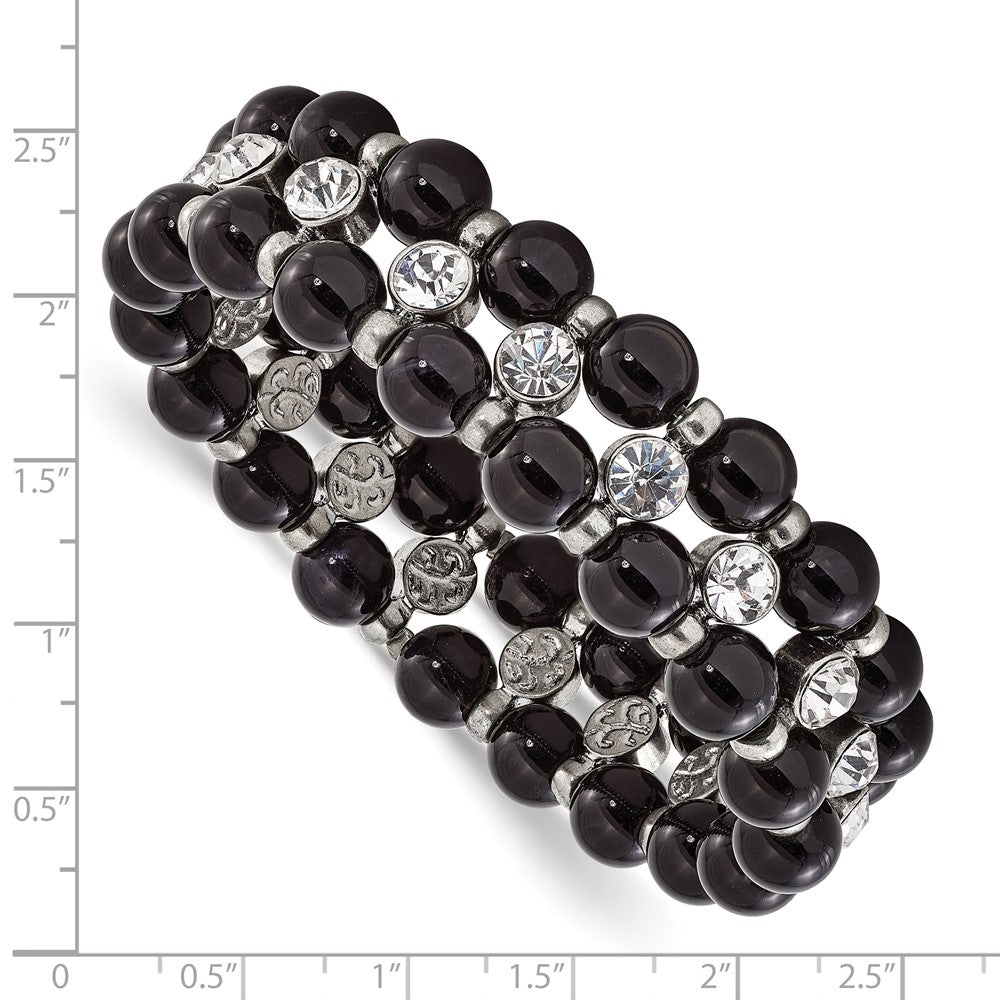 Fashion 1928 Jewelry Silver-Tone And Black Beads With Clear Glass Stones Stretch Bracelet