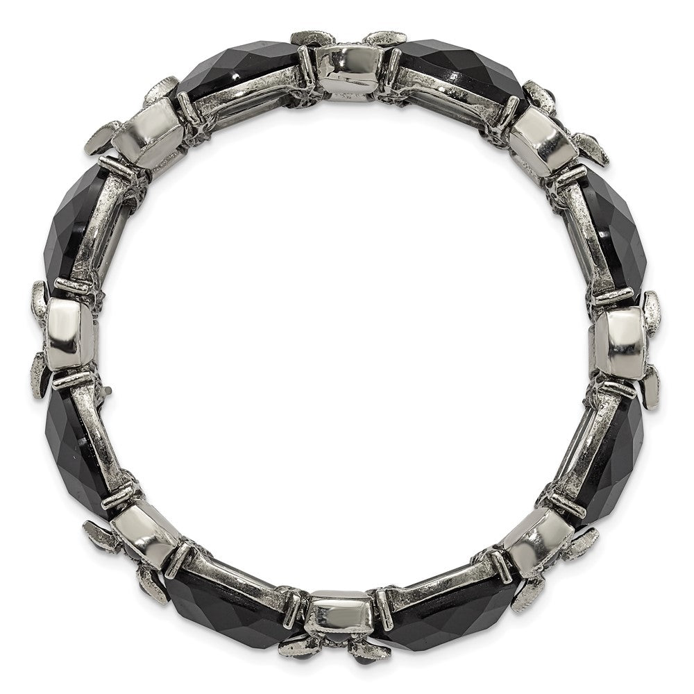 Fashion 1928 Jewelry Silver-Tone Frame Black Enamel And Faceted Crystal Stretch Bracelet