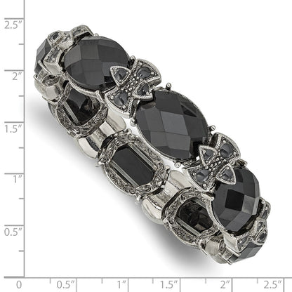 Fashion 1928 Jewelry Silver-Tone Frame Black Enamel And Faceted Crystal Stretch Bracelet