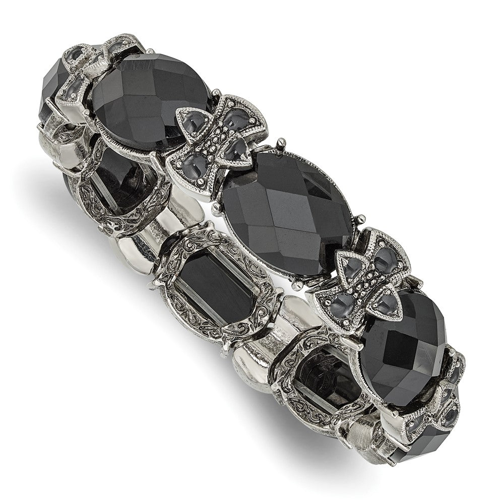 Fashion 1928 Jewelry Silver-Tone Frame Black Enamel And Faceted Crystal Stretch Bracelet