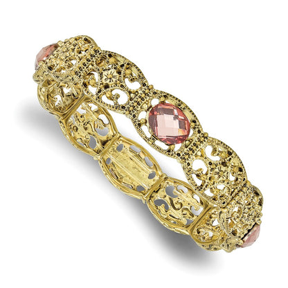 Fashion 1928 Jewelry Brass-Tone Filigree Link And Faceted Purple Acrylic Stones Stretch Bracelet