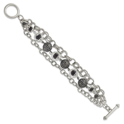 Fashion 1928 Jewelry Silver-Tone Link Black-Plated Textured Bead Clear And Black Glass Acrylic Beads Three Row 7 Inch Toggle Bracelet