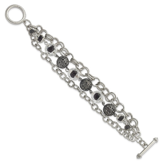 Fashion 1928 Jewelry Silver-Tone Link Black-Plated Textured Bead Clear And Black Glass Acrylic Beads Three Row 7 Inch Toggle Bracelet