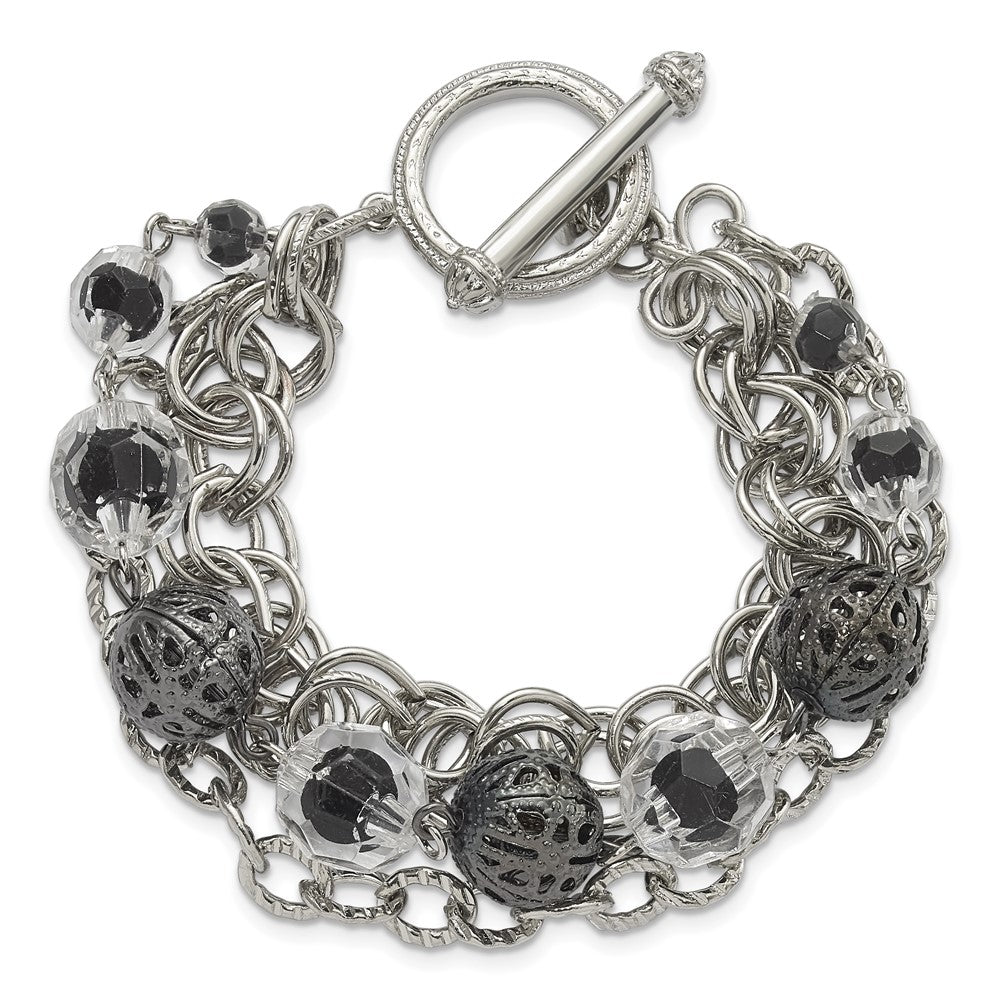 Fashion 1928 Jewelry Silver-Tone Link Black-Plated Textured Bead Clear And Black Glass Acrylic Beads Three Row 7 Inch Toggle Bracelet
