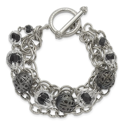 Fashion 1928 Jewelry Silver-Tone Link Black-Plated Textured Bead Clear And Black Glass Acrylic Beads Three Row 7 Inch Toggle Bracelet